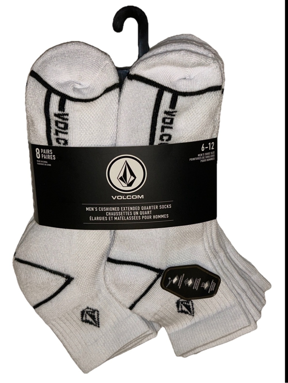 Volcom Quarter Socks 8 Pair Men 6-12 White w Black Logos Ride Board NEW! Cushion